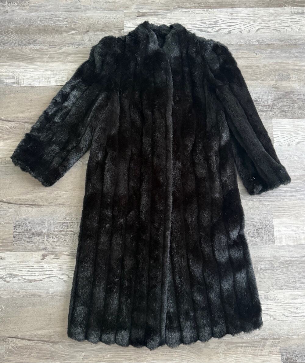 Vintage Intrigue Faux Fur Long Coat Black Mink Look Women’s Size 6 Made USA
